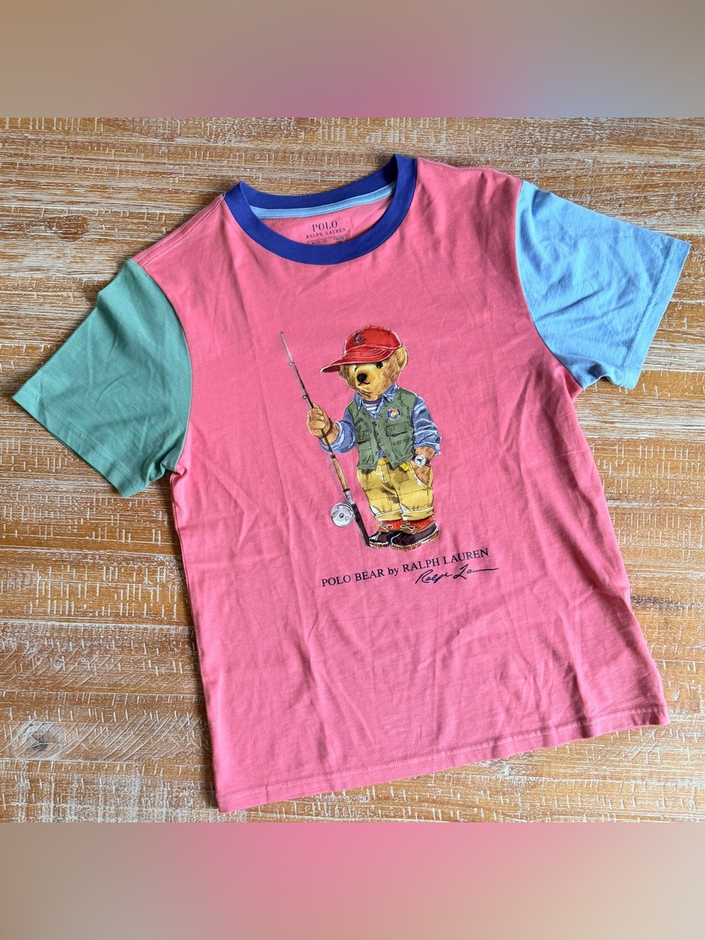 Polo Ralph Lauren Boys Polo Bear Fishing Tee M 10-12 Color Block Pink Cotton